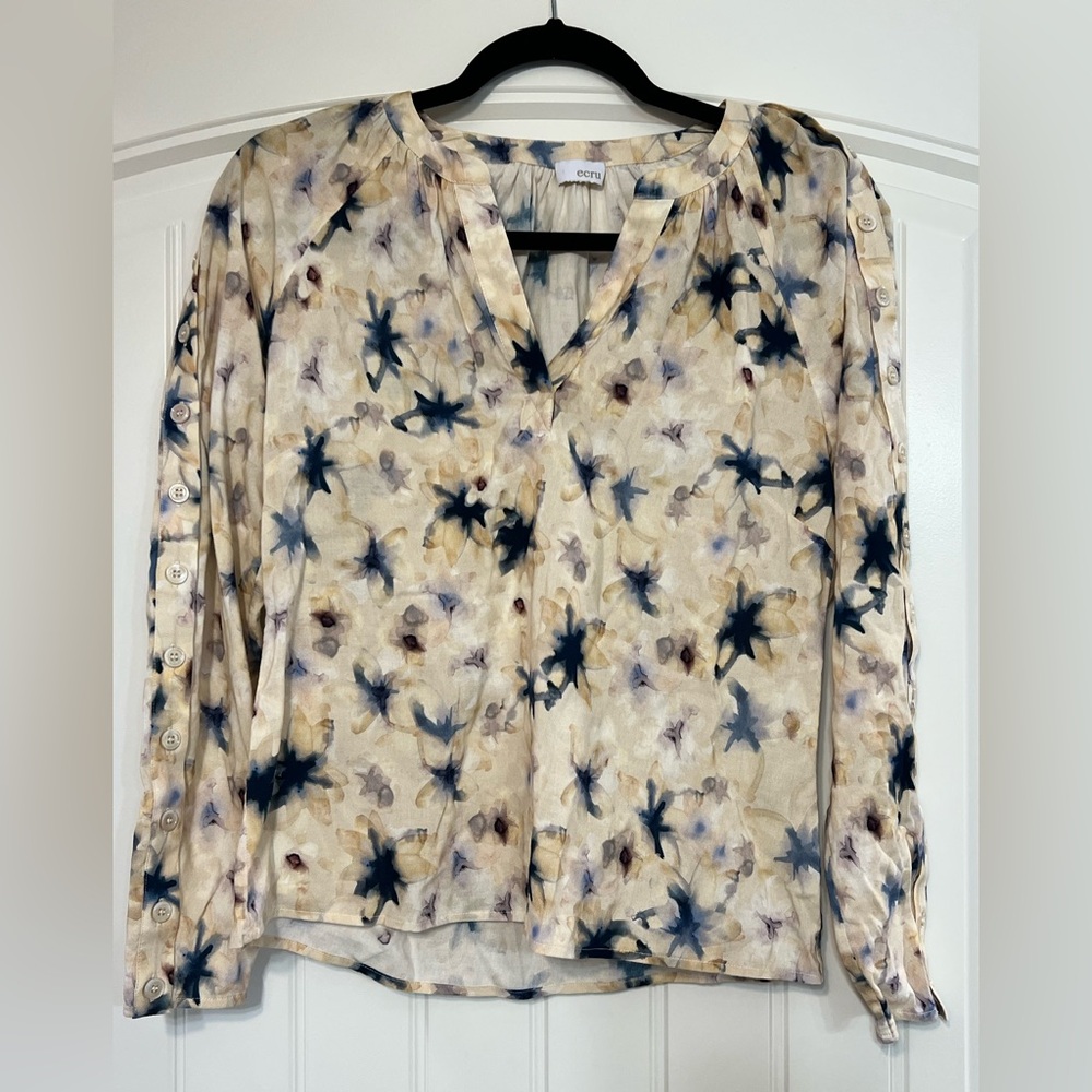 Cream and Blue Tie-dye-ish look long sleeve top with buttons down sleeve.